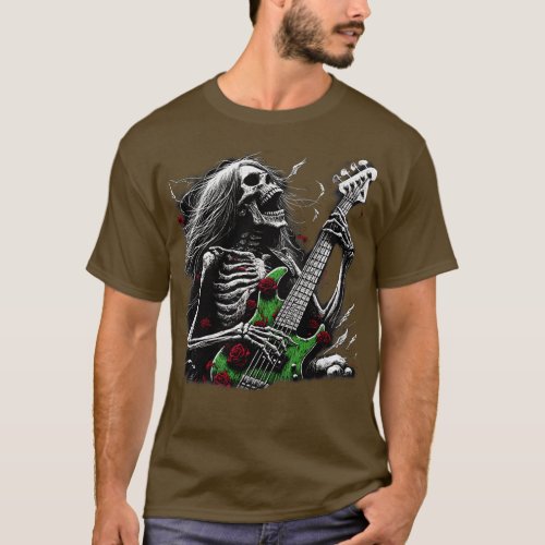 Death metal Skeleton Guitar Roses T_Shirt