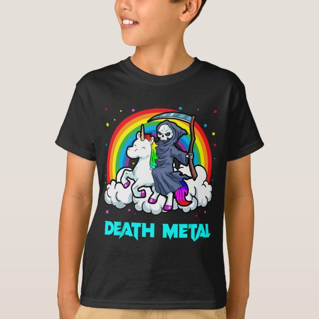 Death Metal Unicorn Rainbow Grim Reaper Heavy Meta T-Shirt (Front)