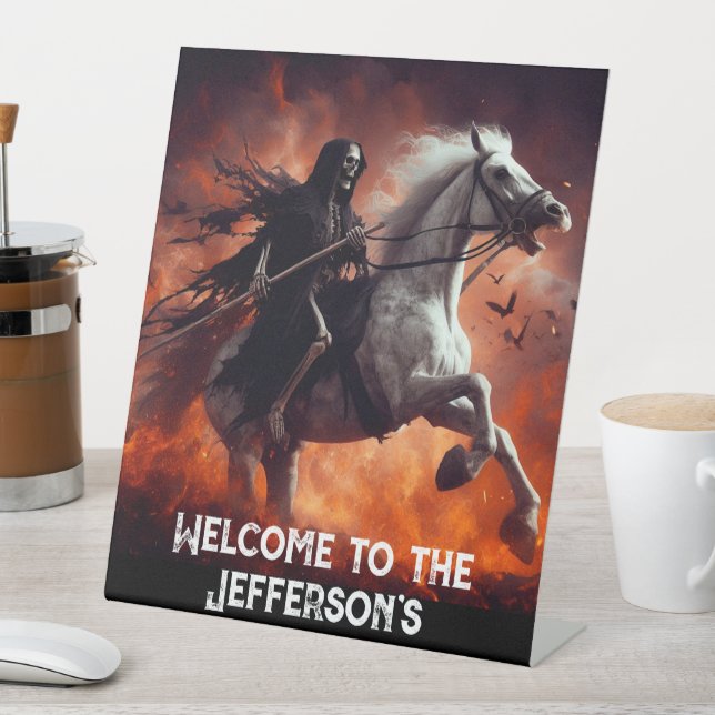 Death Rides a Pale Horse Halloween Pedestal Sign (In SItu)