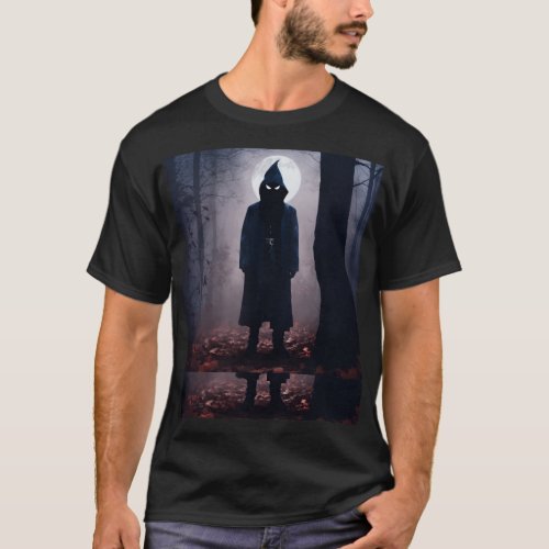 Death shadow in dark Halloween forest T_Shirt