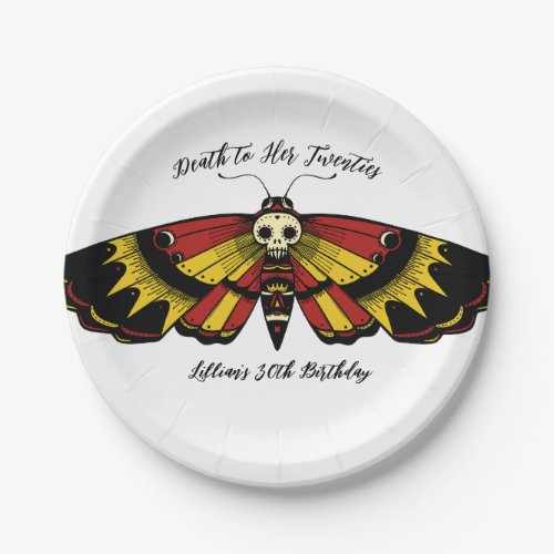 Death to 20s Birthday Moth and Skull Design Paper Plates