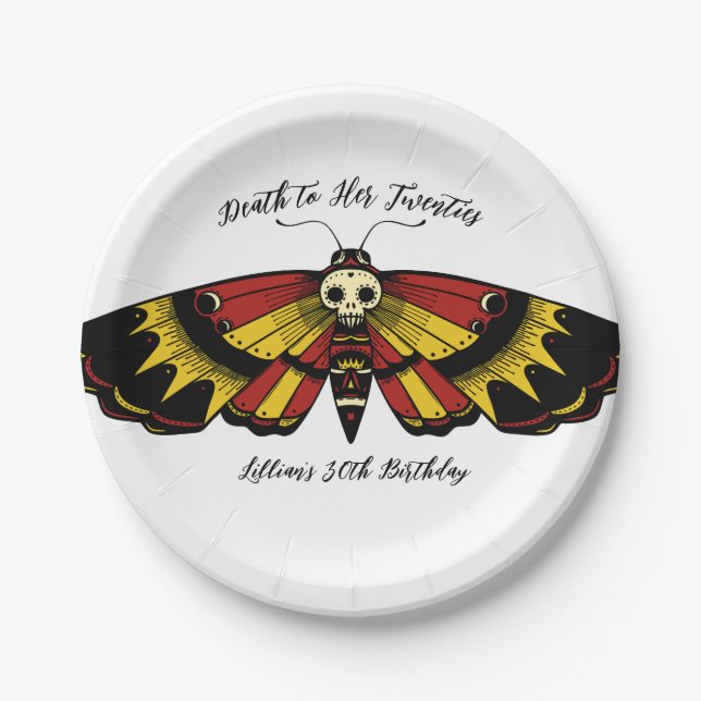 Death to 20s Birthday Moth and Skull Design Paper Plates (Front)
