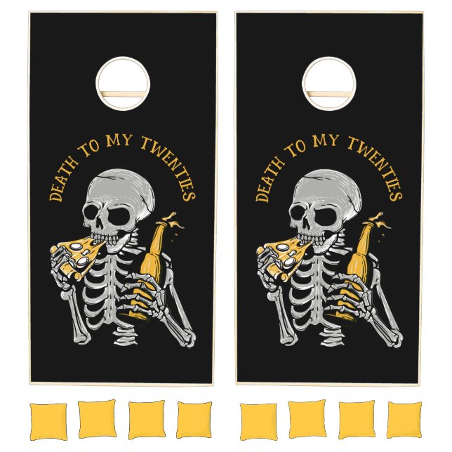 "Death to My Twenties" Skeleton Pizza and Beer Cornhole Set (Set)