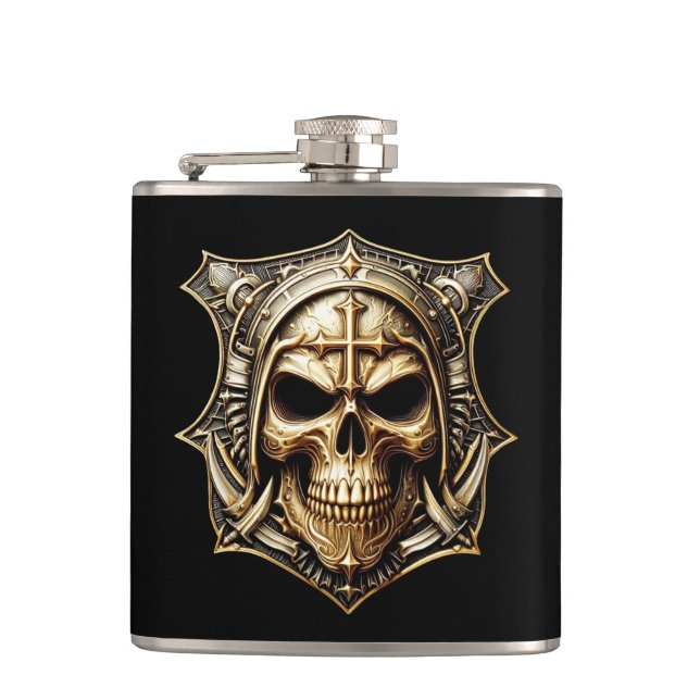 Deathmetal Totenkopf Gold Shield Flask (Front)