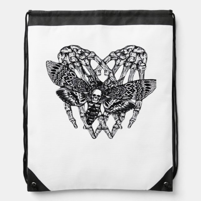 Deathshead Moth Classic Skeleton Hand Heart Style Drawstring Bag (Front)