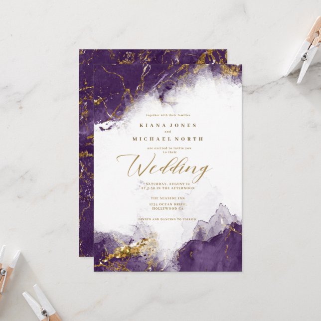 Debbie U-W Marble Glitter Wedding Plum Gold ID644 Invitation (Front/Back In Situ)