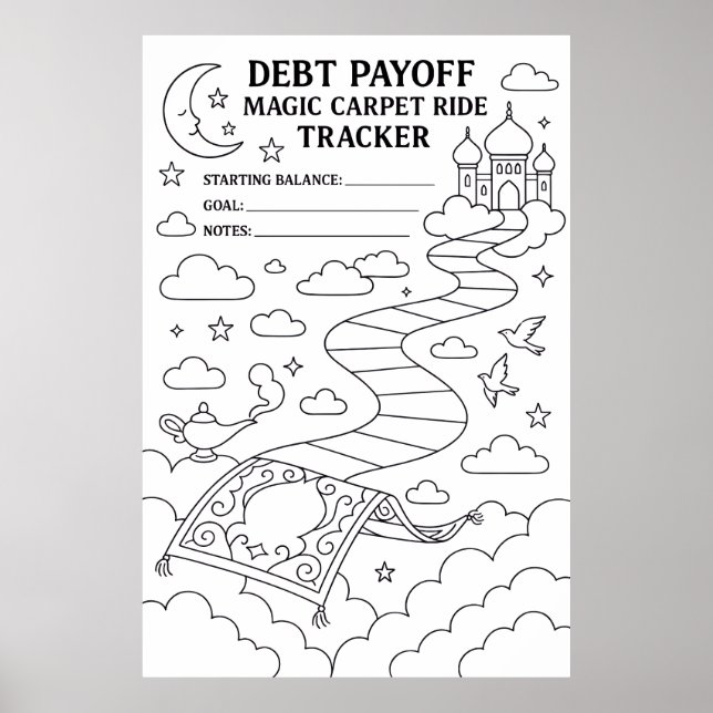 Debt Payoff Magic Carpet Ride Tracker Coloring  Poster (Front)