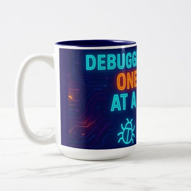 🖥️☕ Debugging Life One Sip at a Time – Neon Tech  Two-Tone Coffee Mug (Left)