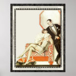 Decadent 1920s Art Deco Avant Garde Couple Poster<br><div class="desc">Vintage fashion for your walls. Fashionable retro couple from the Jazz Age of the Roaring Twenties dressed for fun at the casino or nightclub, or perhaps happy hour at home. Woman wears flapper dress and sits on designer floral chair, man wears black tie and tuxedo as they get ready for...</div>