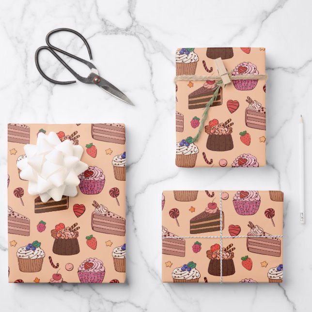 Decadent Cake Slices & Sweet Bakery Pattern Wrapping Paper Sheets (Front)