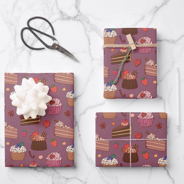 Decadent Cake Slices & Sweet Bakery Pattern Wrapping Paper Sheets (Front)