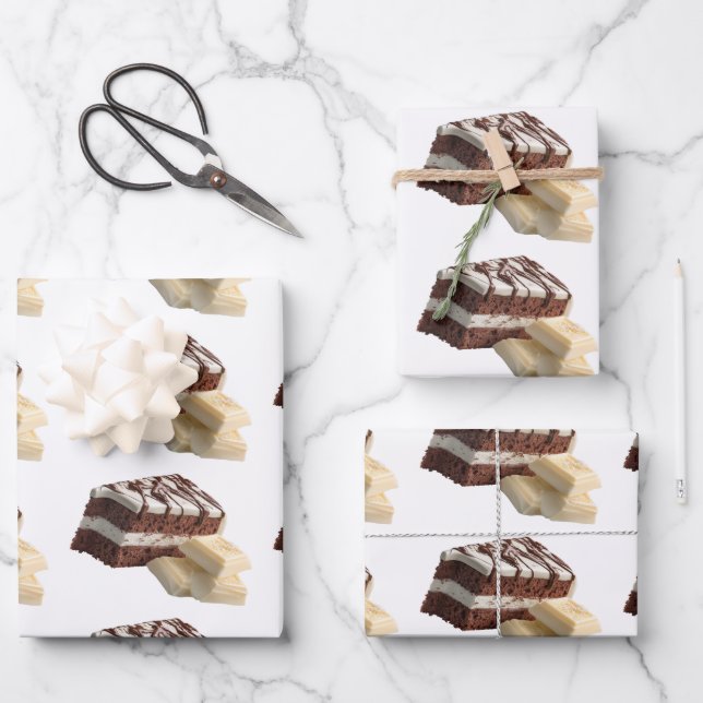 Decadent Chocolate Cake Slices with White Chocolat Wrapping Paper Sheets (Front)
