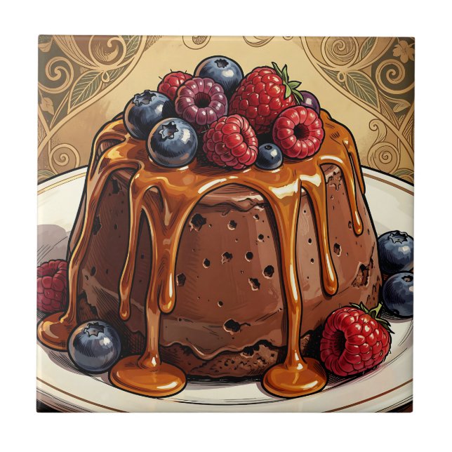 Decadent Chocolate Caramel Berry Cake Ceramic Tile (Front)