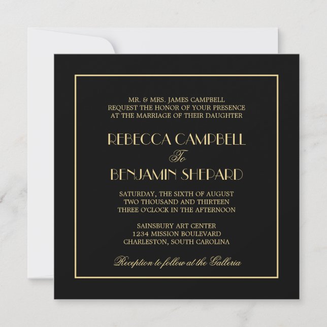 Decadent Deco elegant chic formal black wedding Invitation (Front)