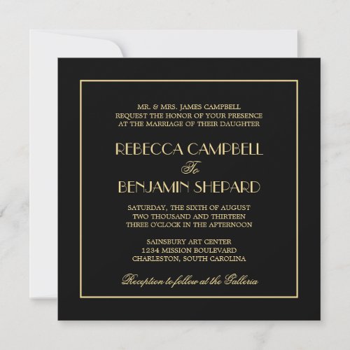 Decadent Deco elegant chic formal black wedding Invite