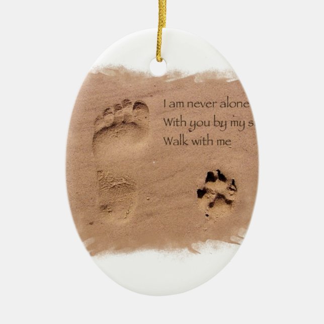 Deceased dog in loving memory footprints in sand ceramic ornament (Front)