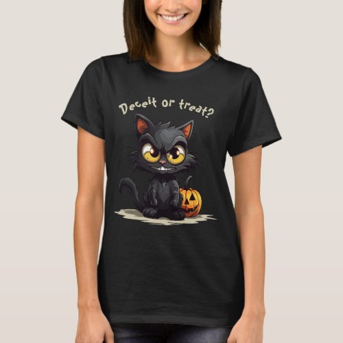 Deceit or Treat Funny Evil Black Cat Halloween  T_Shirt