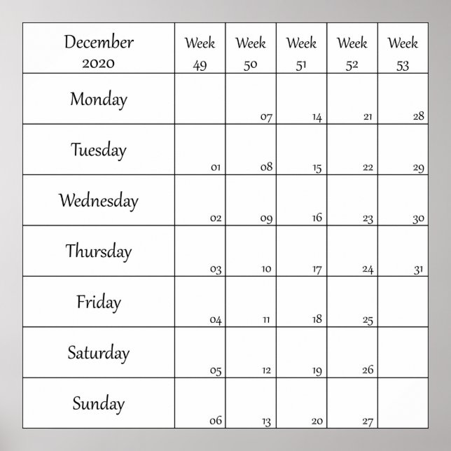 december 2020 planner calendar with week number poster (Front)