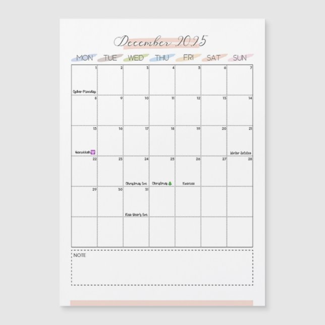 December 2025 Magnetic Calendar (Front)