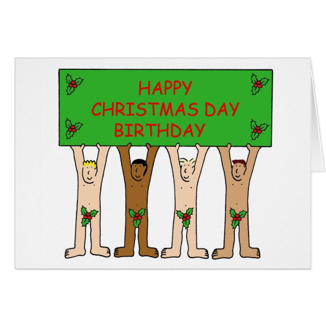 December 25th Birthday Fun Men With Holly Cards (Front Horizontal)