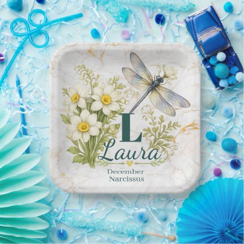 December Birth Flower Narcissus & Dragonfly Paper Plates