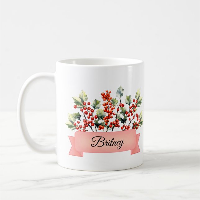 December Birth Holly Flower Personalized Coffee Mug (Left)