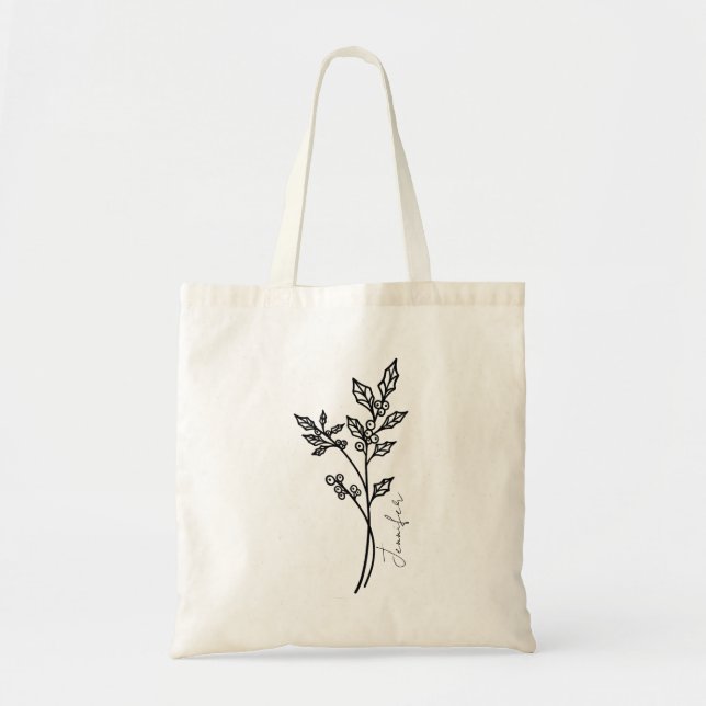 December Birth Month Flower Holly Script Name Tote Bag (Front)
