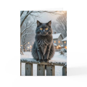 December Birthday Black Cat On a Snowy Fence Card