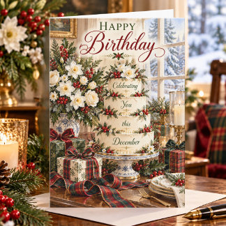 December Birthday Cake Card Winter Floral Birthday