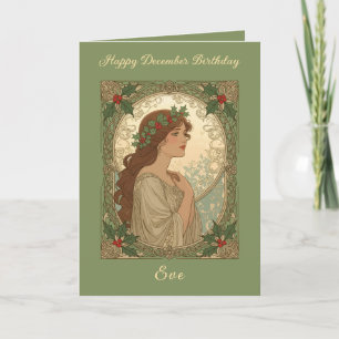 December Birthday Holly Berries Art Nouveau Style Card