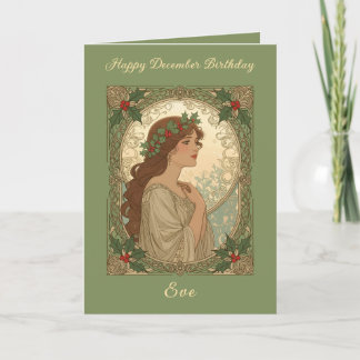 December Birthday Holly Berries Art Nouveau Style Card