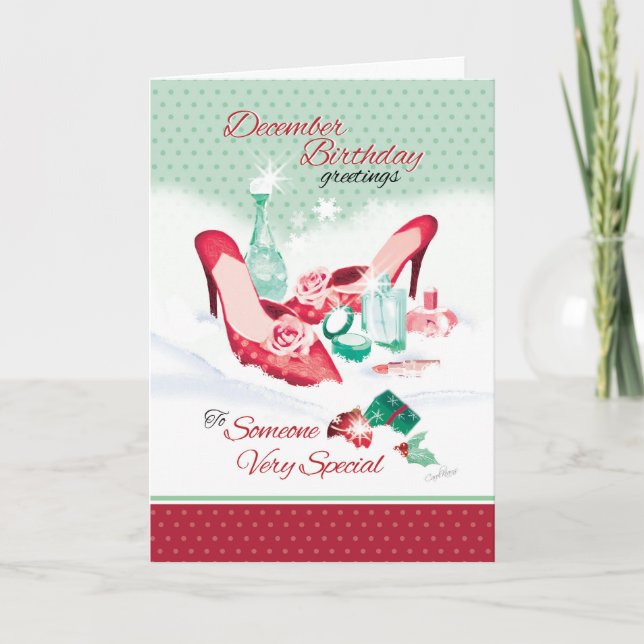 December Birthday, Ladies Red Shoes in Snow Holiday Card (Front)