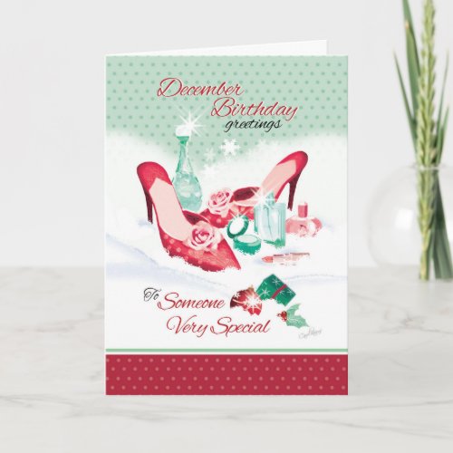 December Birthday Ladies Red Shoes in Snow Holiday Card