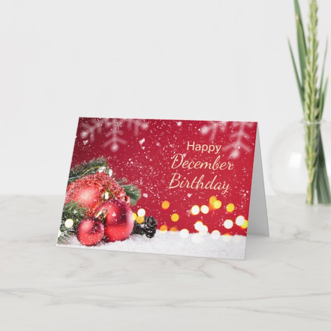 December Birthday, red baubles, fir, snowflakes Holiday Card (Front)