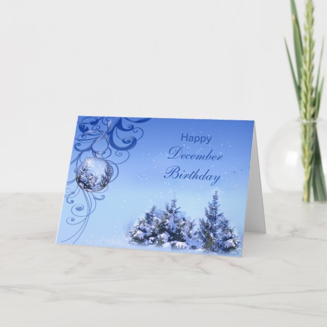 December Birthday, snowy fir trees and bauble Holiday Card (Front)