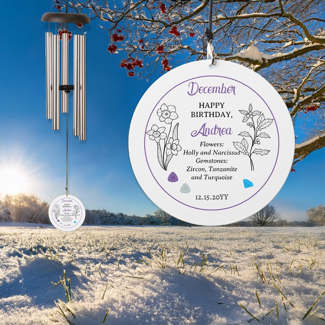 December Holly and Narcissus Birthday Keepsake Wind Chime (December Holly and Narcissus Floral and Turquoise, Zircon Gemstone Birthday Keepsake Wind Chime)