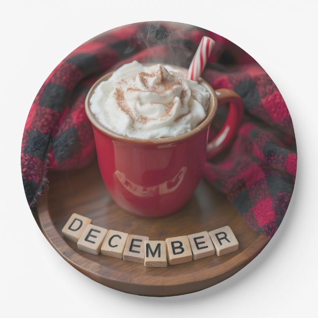 December Hot Chocolate With Plaid Blanket Paper Plates (Front)