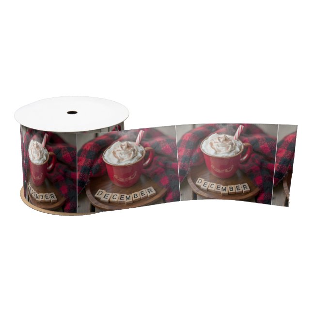 December Hot Chocolate With Plaid Blanket Satin Ribbon (Spool)