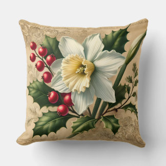 December Narcissus & Holly Birth Month Throw Pillow