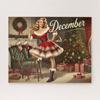 December Retro Christmas Blonde Pin-Up Girl Jigsaw Jigsaw Puzzle
