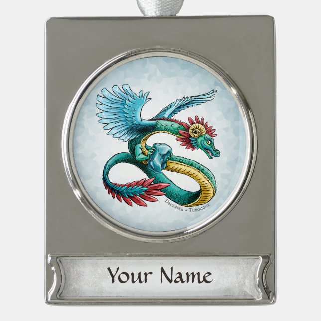 December’s Birthstone Dragon: Turquoise Silver Plated Banner Ornament (Front)