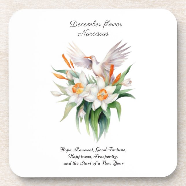 December’s Narcissus Flower with Floral Bird Beverage Coaster (Front)
