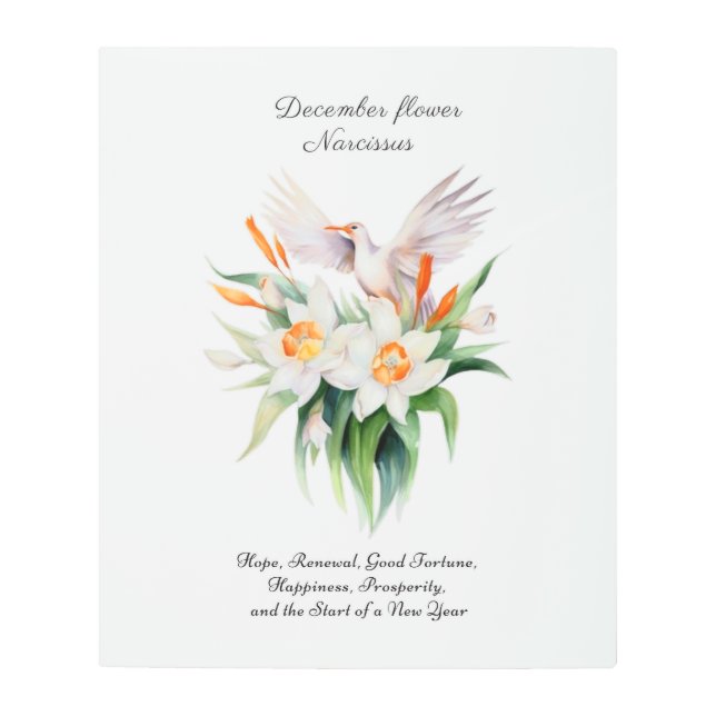 December’s Narcissus Flower with Floral Bird Metal Print (Front)