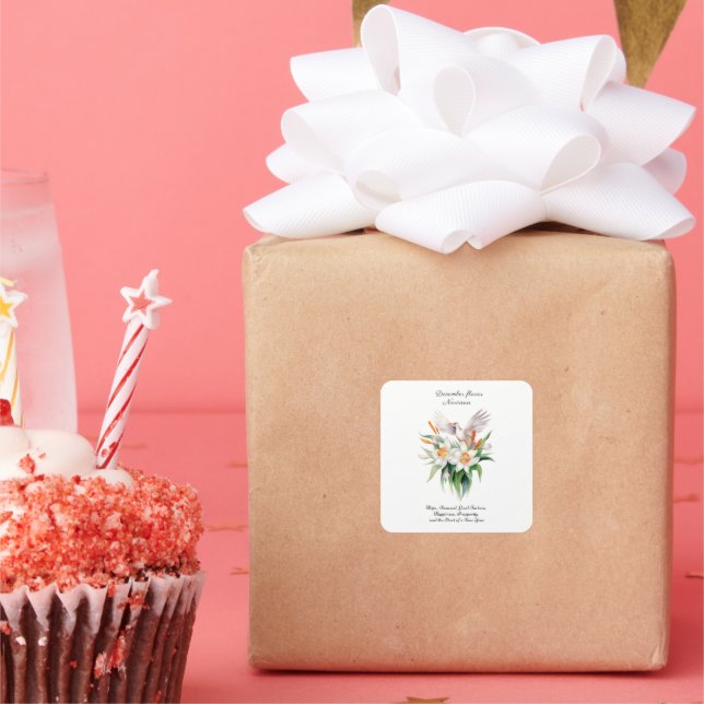 December’s Narcissus Flower with Floral Bird Square Sticker (Party)