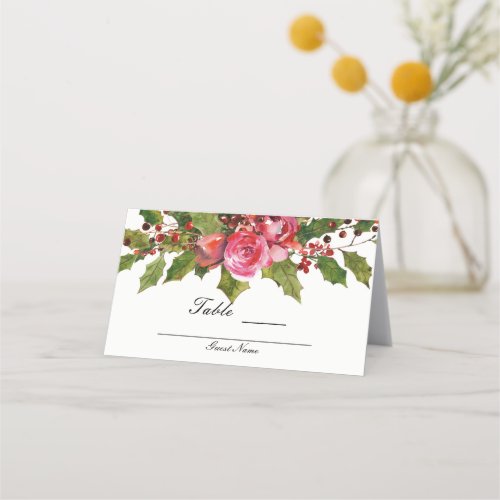 December Winter Wedding Holly Berries Floral Table Place Card