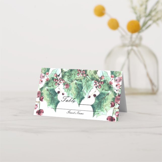 December Winter Wedding Holly Berries Table Number Place Card (Back)
