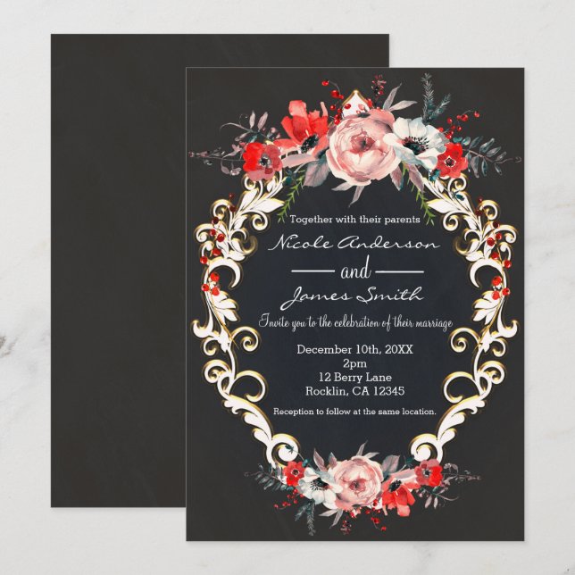 December Winter Wedding Holly Berry Floral Elegant Invitation (Front/Back)