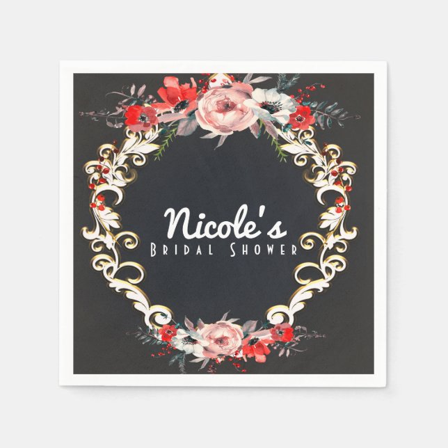 December Winter Wedding Holly Berry Floral Elegant Napkins (Front)