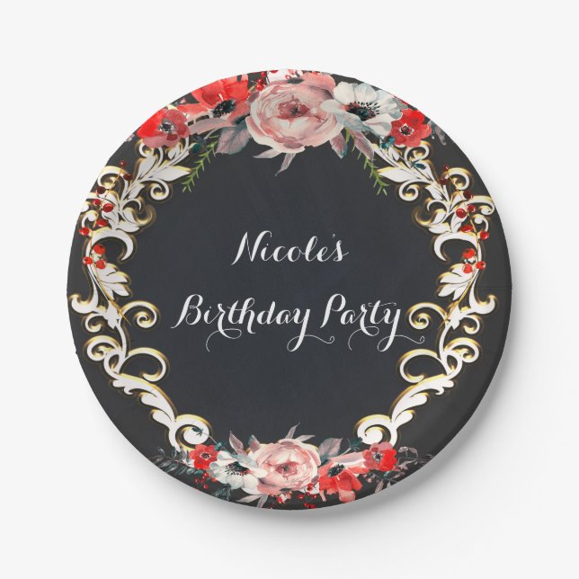 December Winter Wedding Holly Berry Floral Elegant Paper Plates (Front)