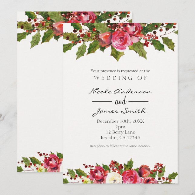 December Winter Wedding Holly Berry Floral Holiday Invitation (Front/Back)